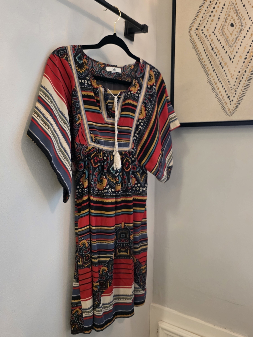 Boho Striped Tassel Tie Dress in Red, Navy & Mustard